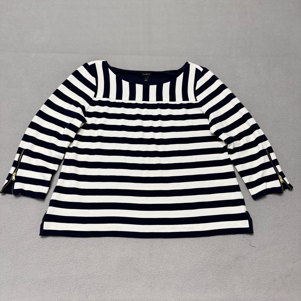 Talbots Striped Top Women L Navy Blue White Zipper Cuff Coastal Knit